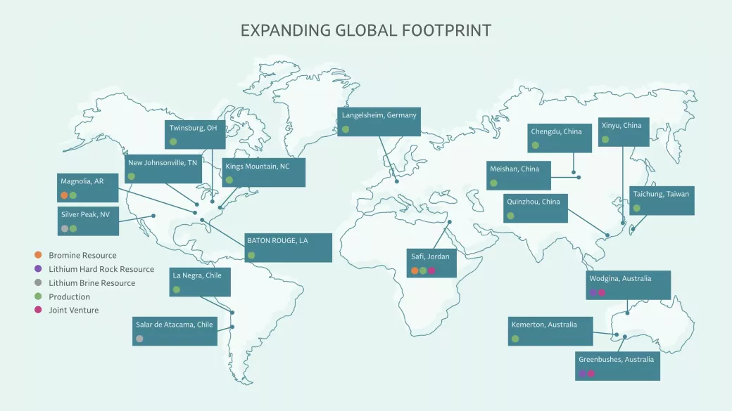 A world map titled "Expanding Global Footprint" features color-coded dots indicating the various types of Albemarle resources and operations across different locations. The map highlights locations in the US, Germany, China, Jordan, Chile, and Australia.