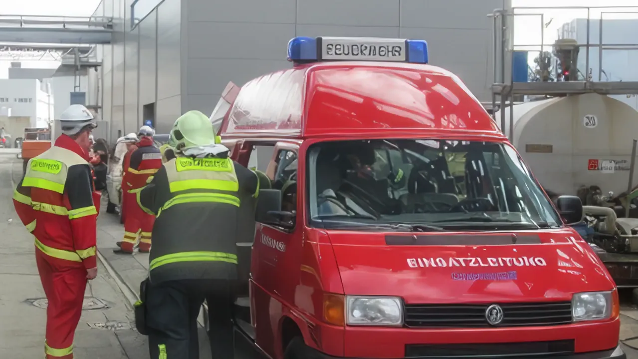 Factory fire brigade with ambulance. 
