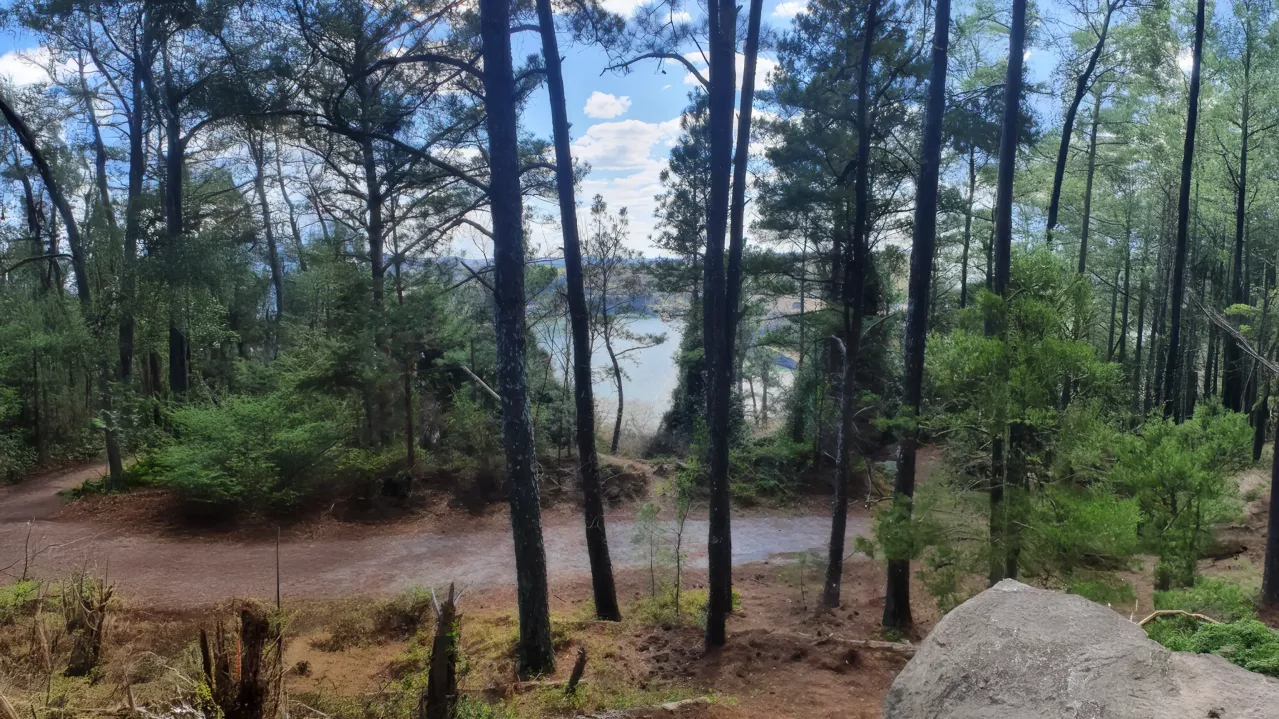 Wide shot of trail with forest and mine in background.