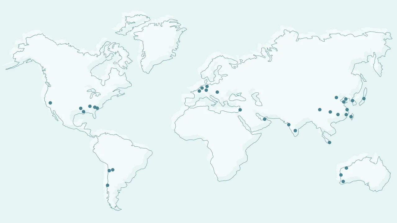 Interactive map showing Albemarle Processing and Conversion locations around the world. Blue dots in the eastern United States, Chile South America, China, the Middle East, Western Australia, and Europe indicate locations.