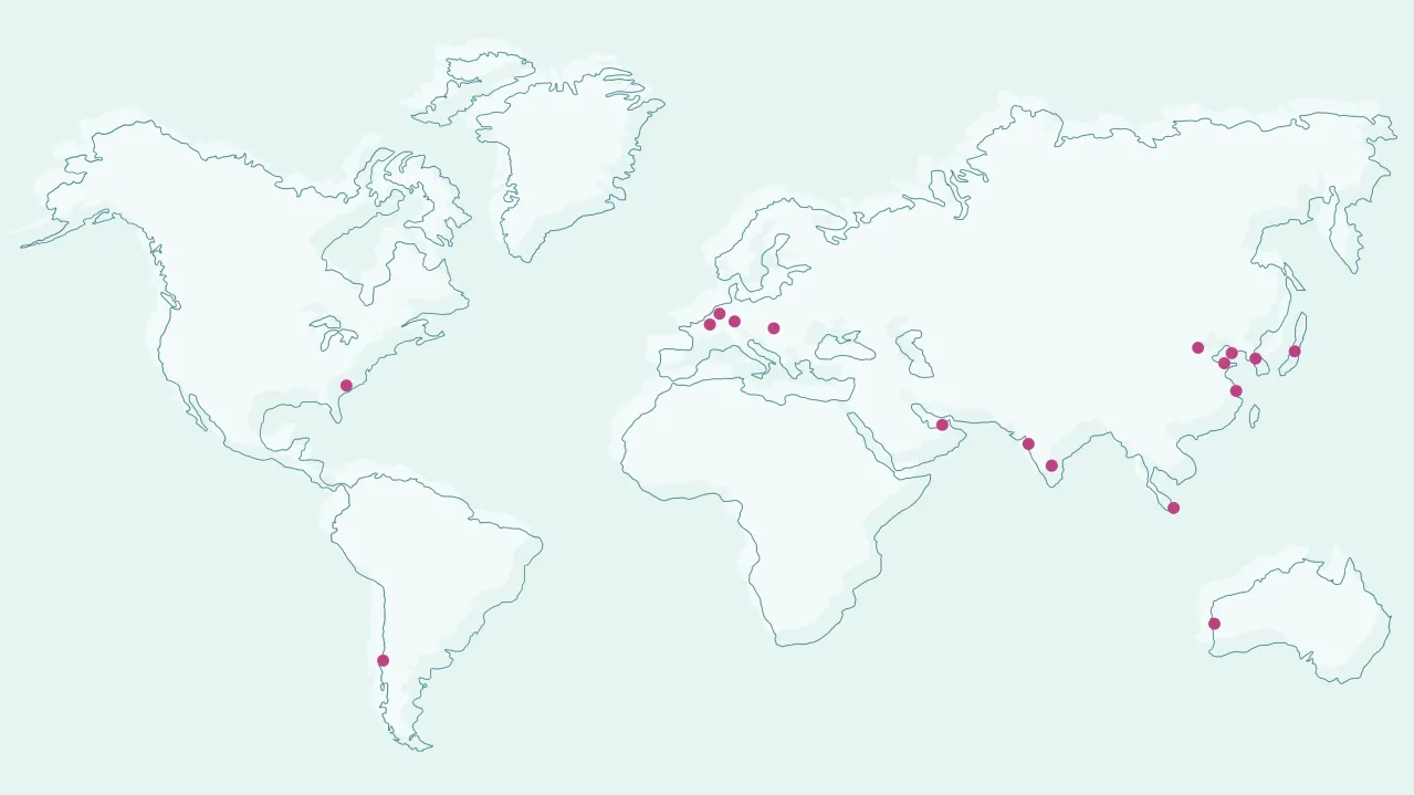 Interactive map showing Albemarle Office locations around the world. Red dots in the eastern United States, Chile, South America, Southern and Eastern Asia, the Middle East, Western Australia, and Europe indicate locations.