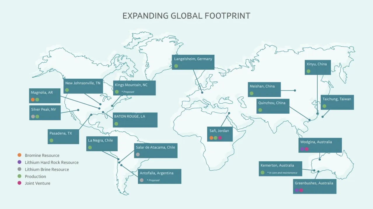 A world map titled "expanding global footprint" shows various locations marked to indicate presence of resources, joint ventures, and production facilities. icons differentiate resource types like lithium, brine, and hard rock.