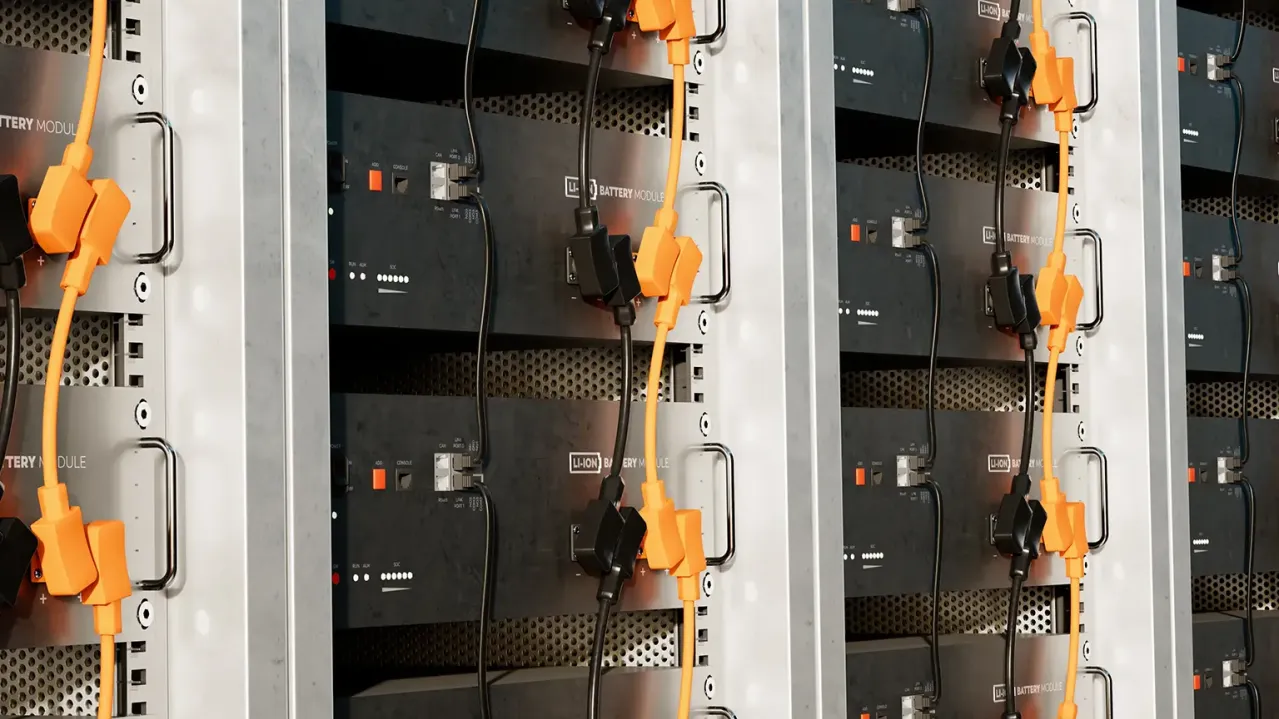 A close-up of multiple rows of batteries housed in a metal rack. Orange connectors and black wires are attached to the batteries. The setup appears to be part of a data center or power backup system. The metallic structure is well-organized and uniform.