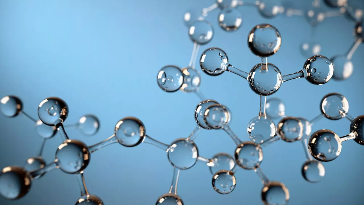 3d illustration of a molecular structure with transparent spheres connected by rods, resembling atoms linked by bonds, against a soft blue background.