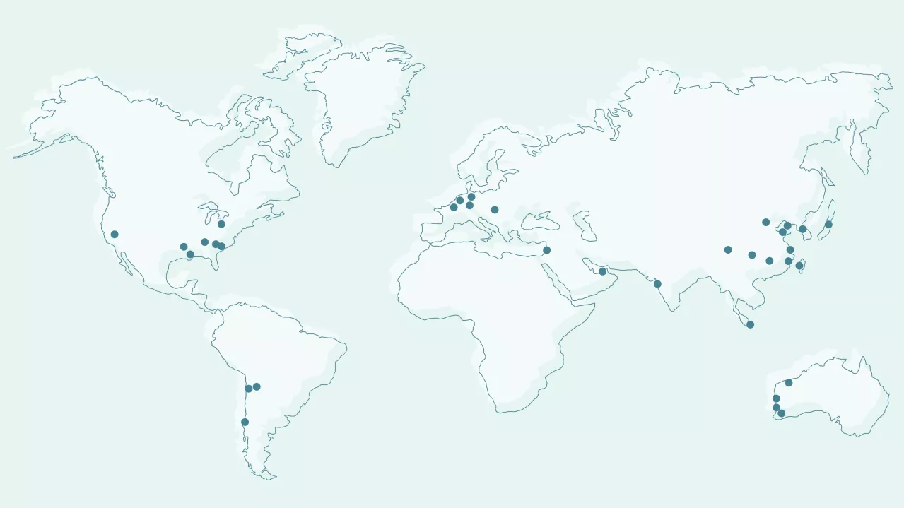 Interactive map of the world with Albemarle locations included. Map includes selections to see different types of Albemarle facilities around the world.
