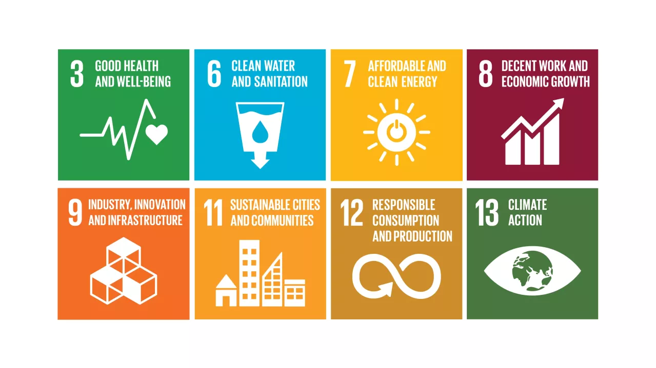 A grid of eight colored blocks representing UN Sustainable Development Goals and Albemarle's rank for each goal: Good Health, Clean Water, Affordable Energy, Decent Work, Industry Innovation, Sustainable Cities, Responsible Consumption, and Climate Action, each with an icon and text.