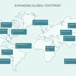 A world map titled "expanding global footprint" shows various locations marked to indicate presence of resources, joint ventures, and production facilities. icons differentiate resource types like lithium, brine, and hard rock.