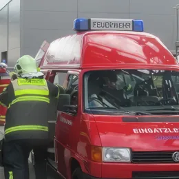 Factory fire brigade with ambulance. 
