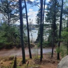 Wide shot of trail with forest and mine in background.