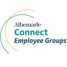 Logo with a design composed of two curved lines: one yellow and one green, intersecting near the top left. The text reads: "Albemarle Connect Employee Groups" with "Albemarle" in dark blue, "Connect" in green, and "Employee Groups" in dark blue.