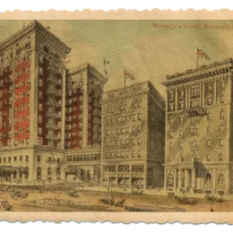 Vintage postcard from 1887 depicting the Murphy's Hotel in Richmond, VA, showing three ornate buildings at the corner of a bustling street with early 20th-century cars and pedestrians.