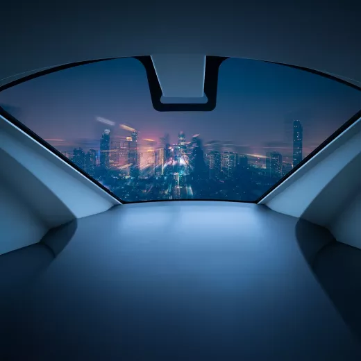 Air taxi window view of city at night.