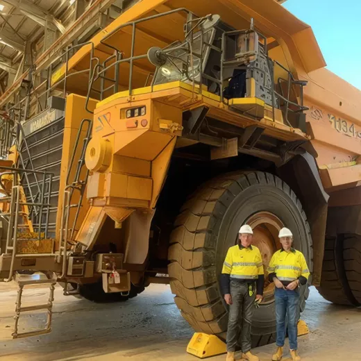 Two workers in hardhats next to earthmover, a heavy machine that moves, excavates, or pushes large amounts of earth.