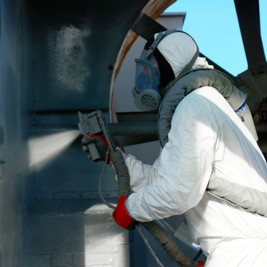 Image of someone in protective gear applying polyurea coating with sprayer