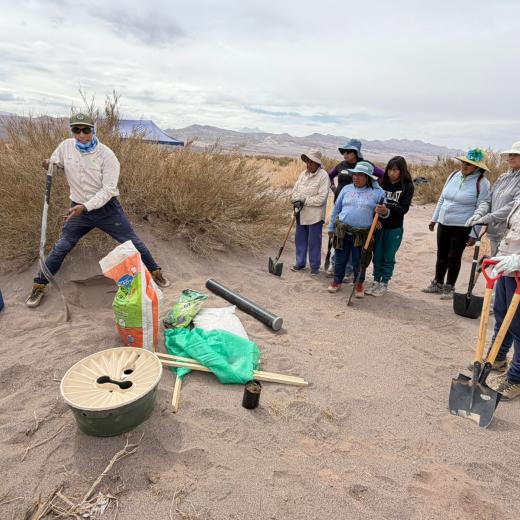 A photo of a man digging a hole to plant seeds at Pampa de Algarrobilla