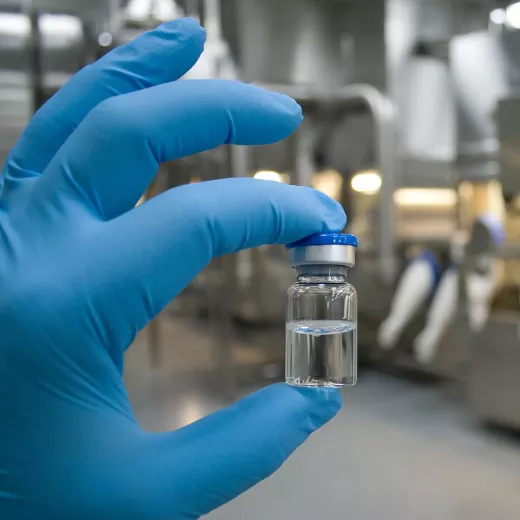 A hand wearing a blue glove holds a small glass vial with a blue cap in a laboratory with stainless steel equipment in the background.
