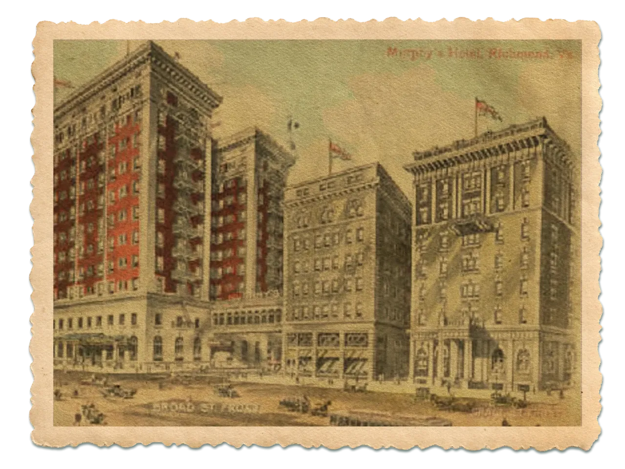 Vintage postcard from 1887 depicting the Murphy's Hotel in Richmond, VA, showing three ornate buildings at the corner of a bustling street with early 20th-century cars and pedestrians.