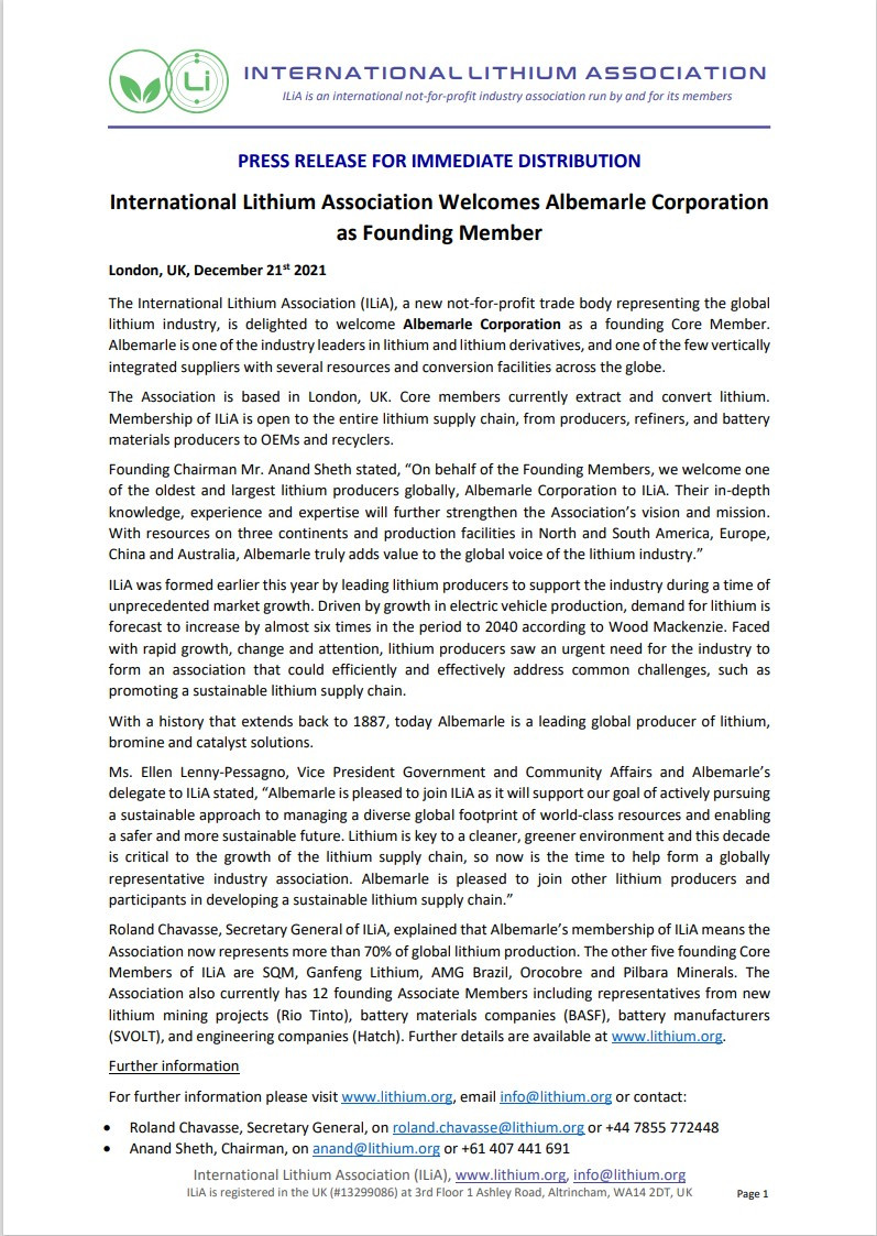 The International Lithium Association (ILiA), a new not-for-profit trade body representing the global lithium industry, welcomed Albemarle Corporation as a new founding Core Member.
